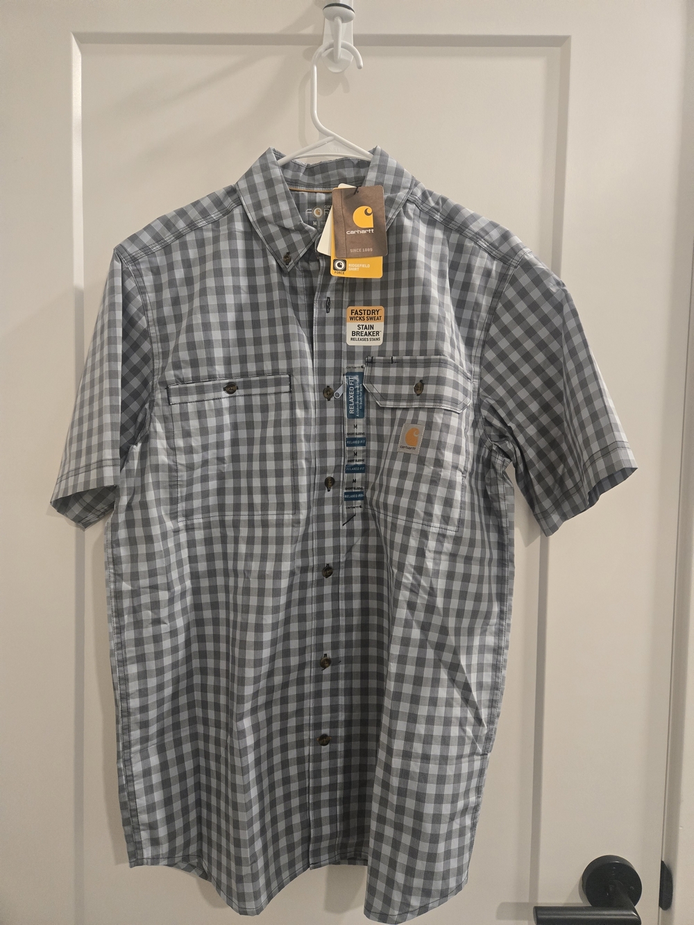 Carhartt Men’s Short Sleeve Gray Gingham Button-Down Shirt